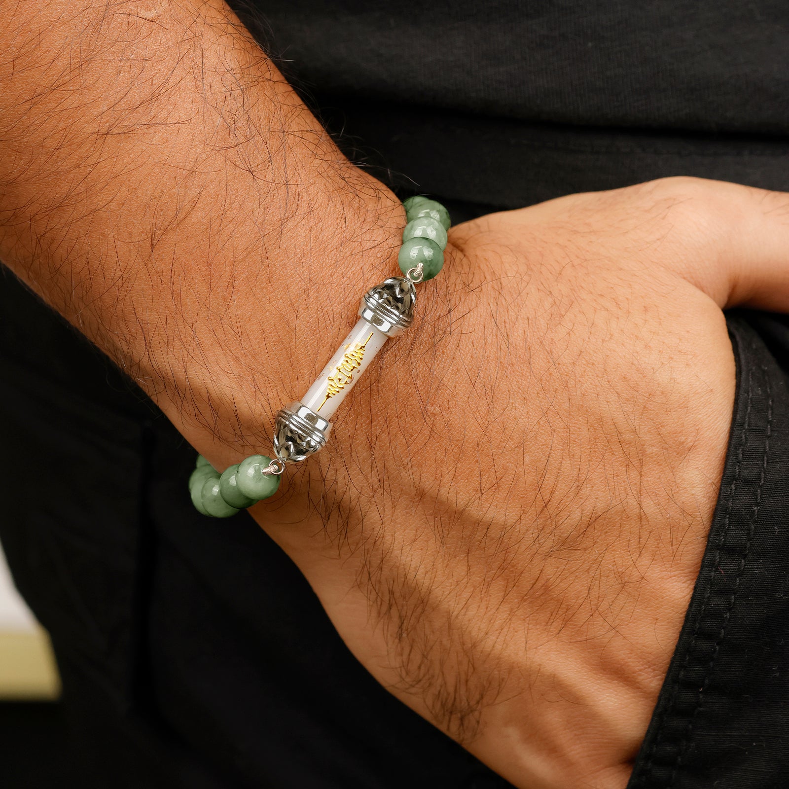 Offert : Bracelet en jade et Amulette sacrée Takrut en cire d'abeille - Prospérité et richesse