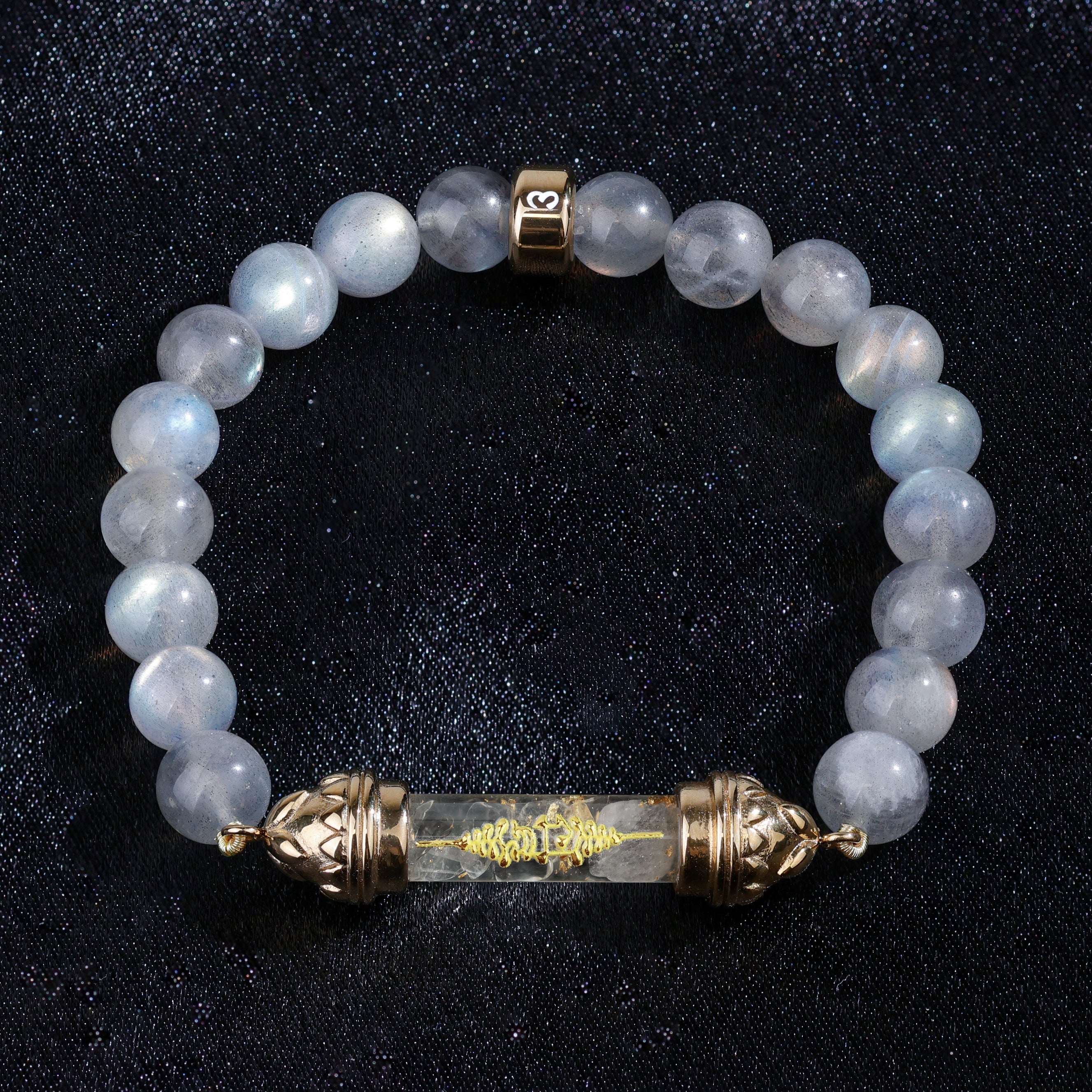 Bracelet en Labradorite et Quartz Clair avec Amulette Sacrée Dorée AAA – Transformation & Rayonnement