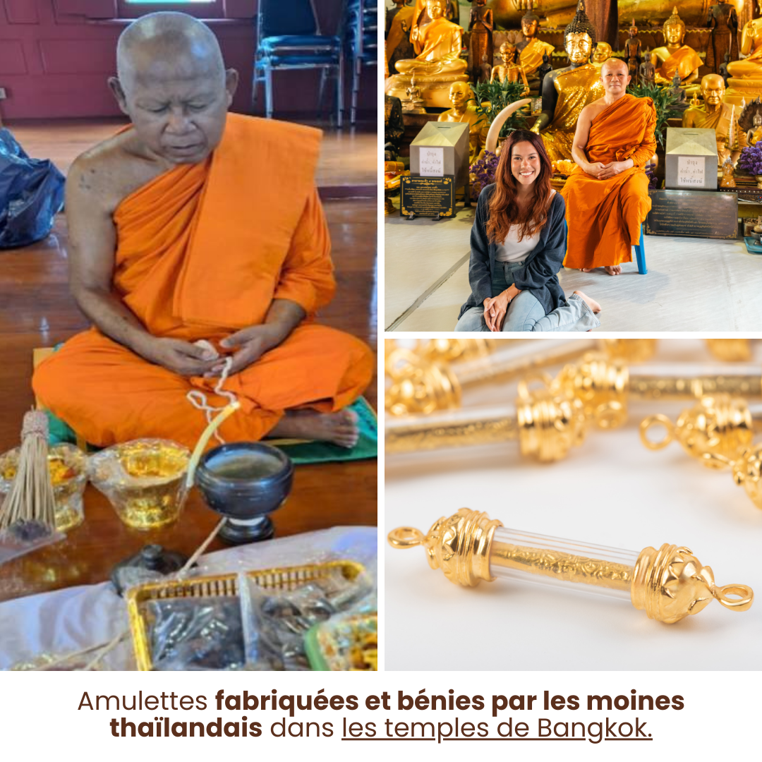 Bracelet en Lave et Amulette Sacrée Takrut en Or – Force et Protection