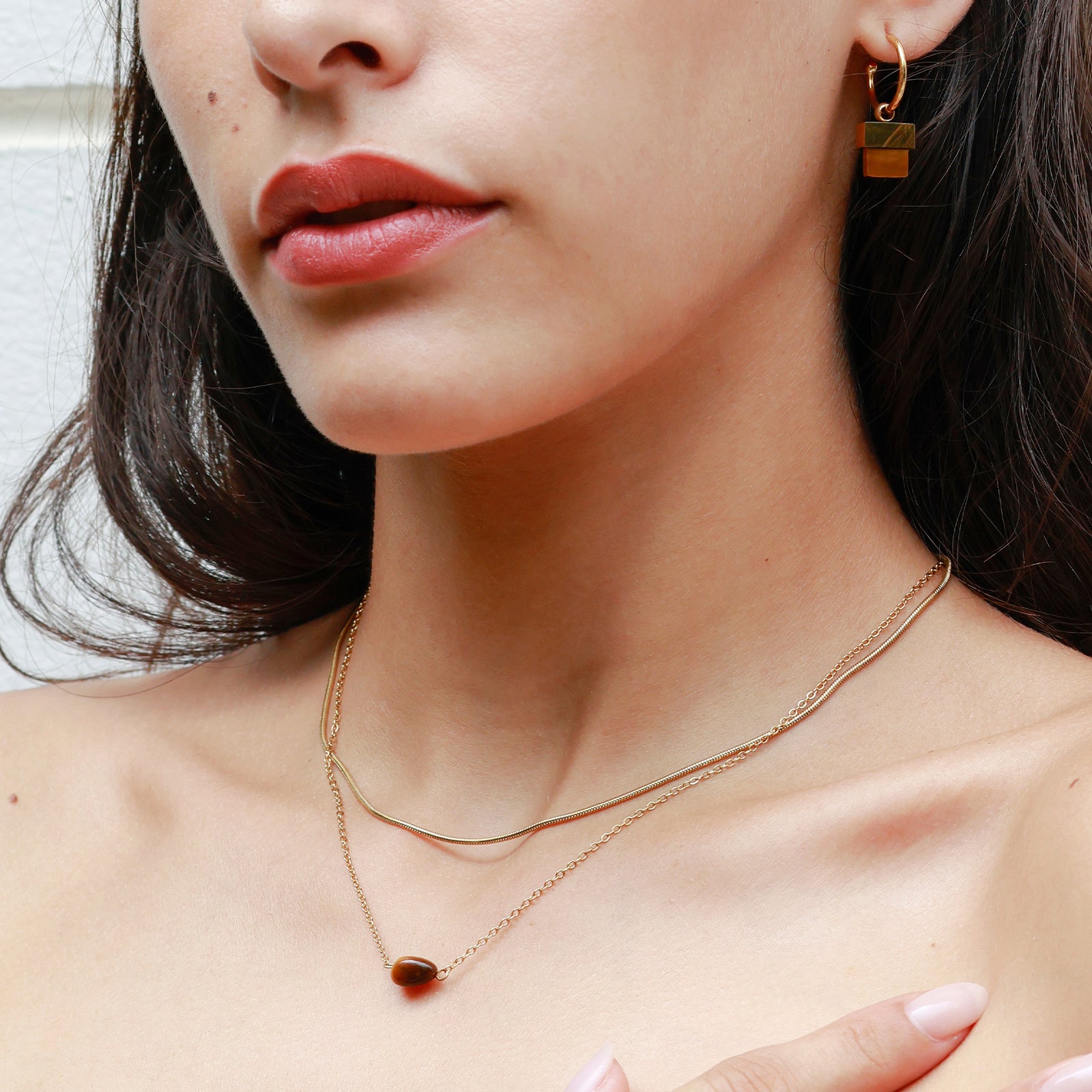 Collier Strata Tiger – Double chaîne & œil de tigre galet