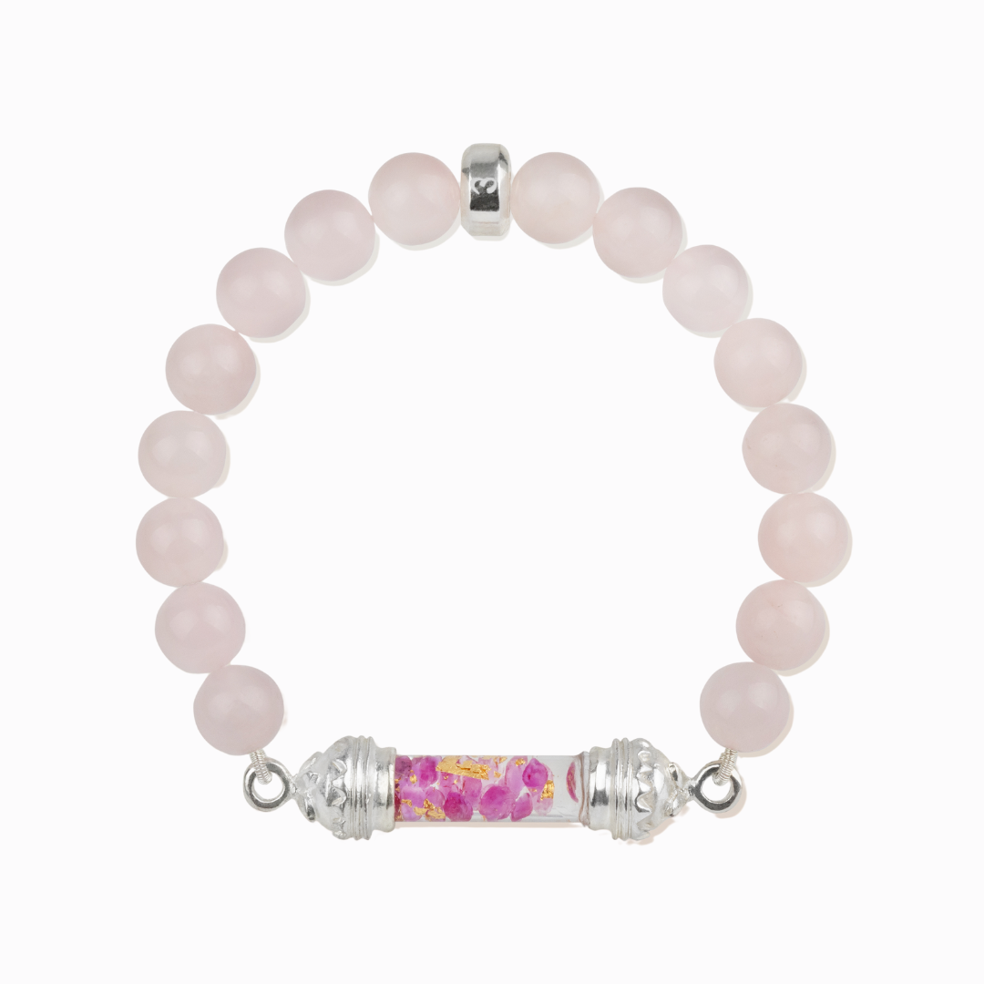 Rose Quartz bracelet with sacred Ruby amulet 