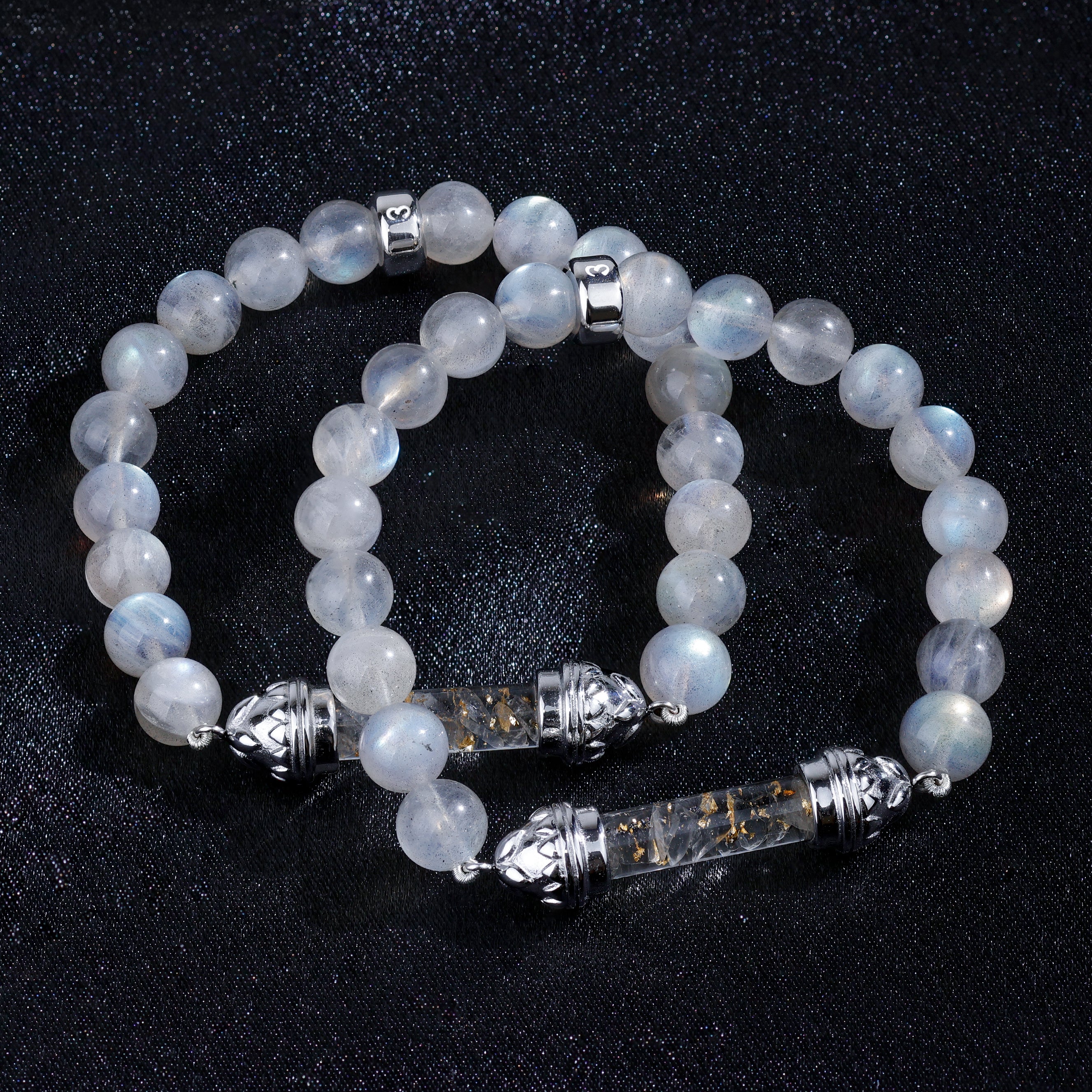 Bracelet en Labradorite et Quartz Clair avec Amulette Sacrée Argentée AAA – Clarté & Force Intérieure