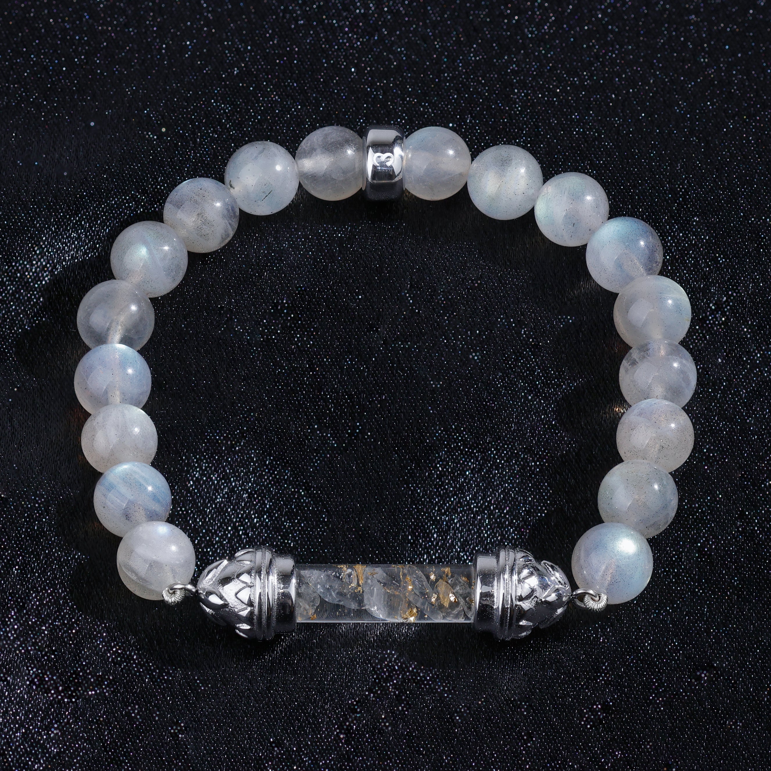 Bracelet en Labradorite et Quartz Clair avec Amulette Sacrée Argentée AAA – Clarté & Force Intérieure