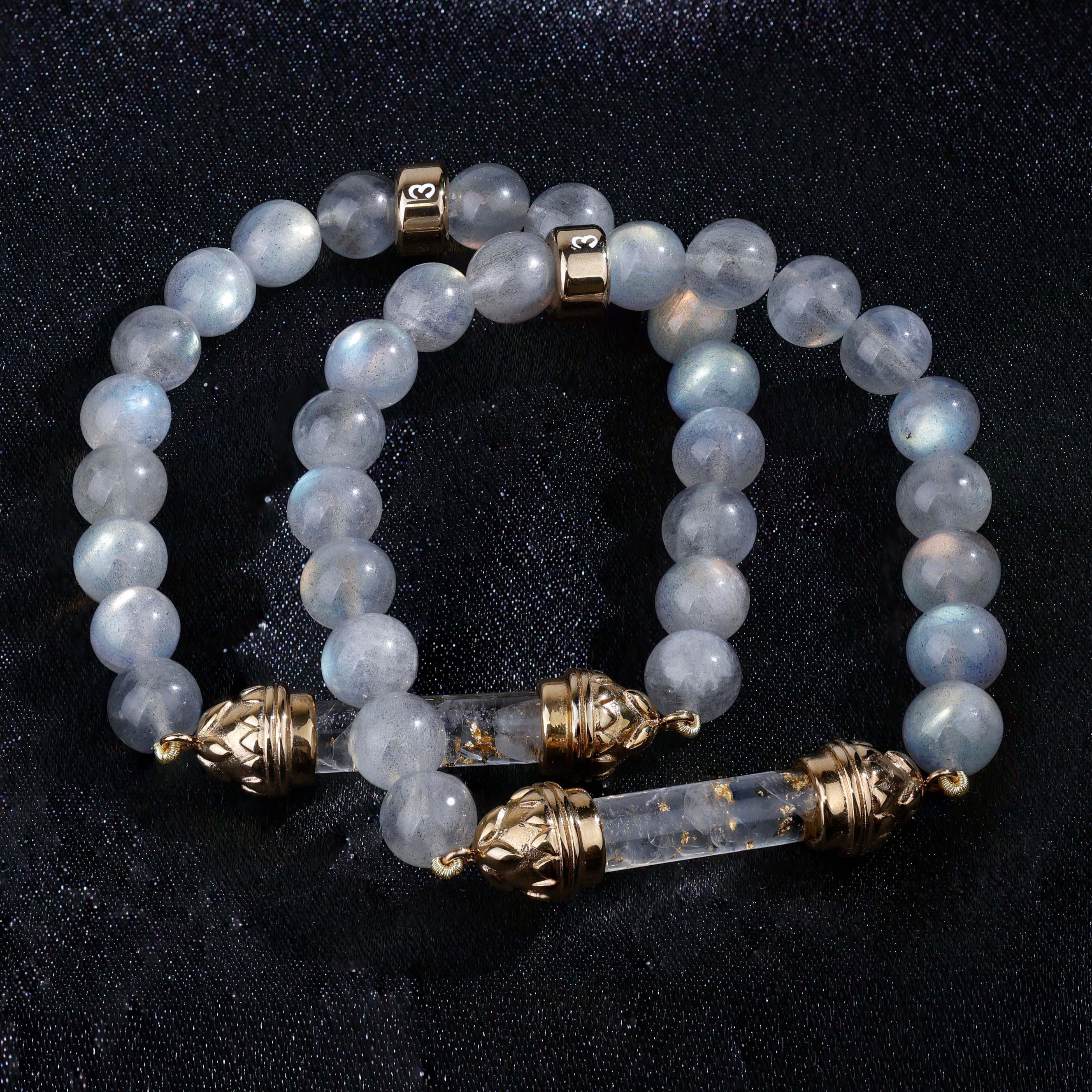 Bracelet en Labradorite et Quartz Clair avec Amulette Sacrée Dorée AAA – Transformation & Rayonnement