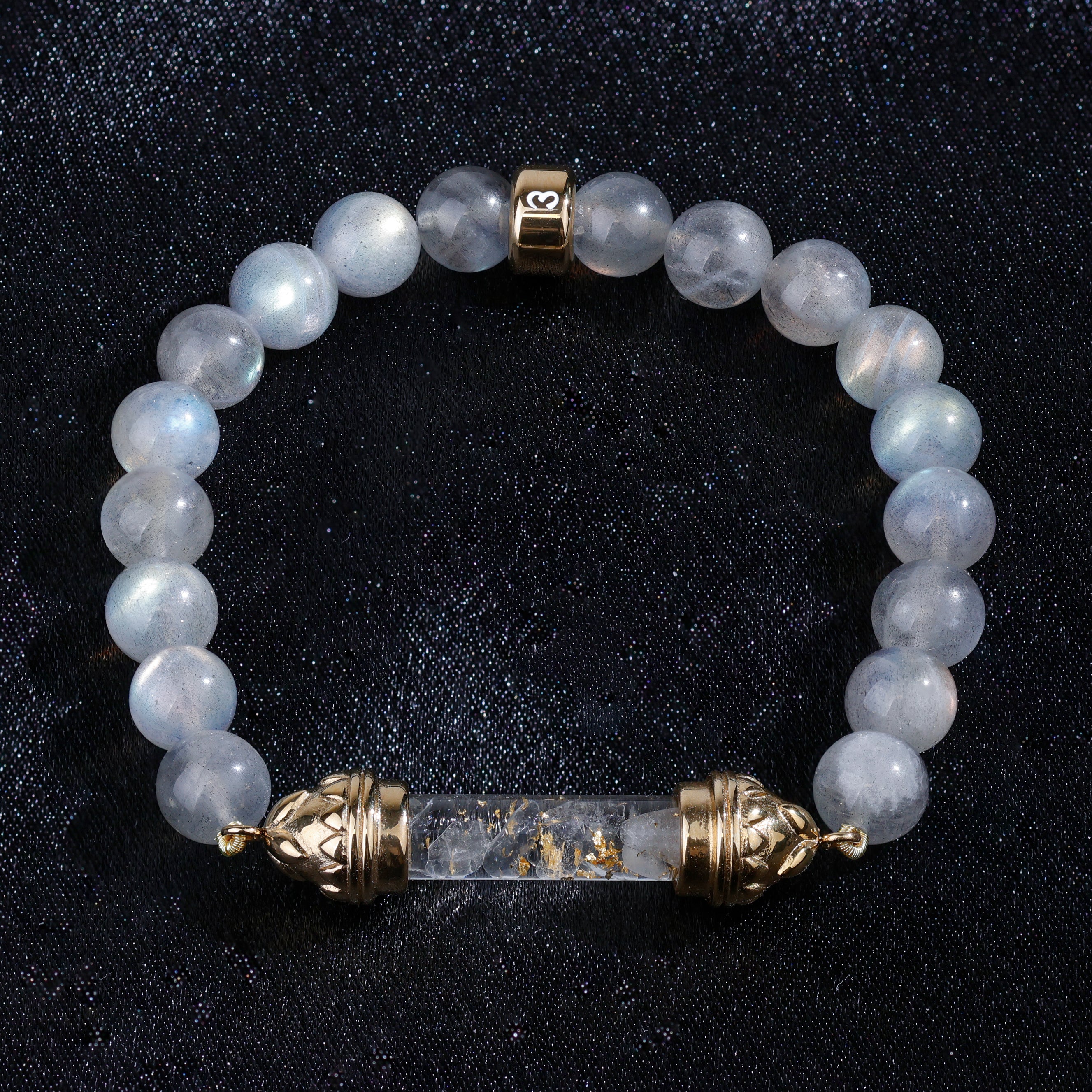 Bracelet en Labradorite et Quartz Clair avec Amulette Sacrée Dorée AAA – Transformation & Rayonnement