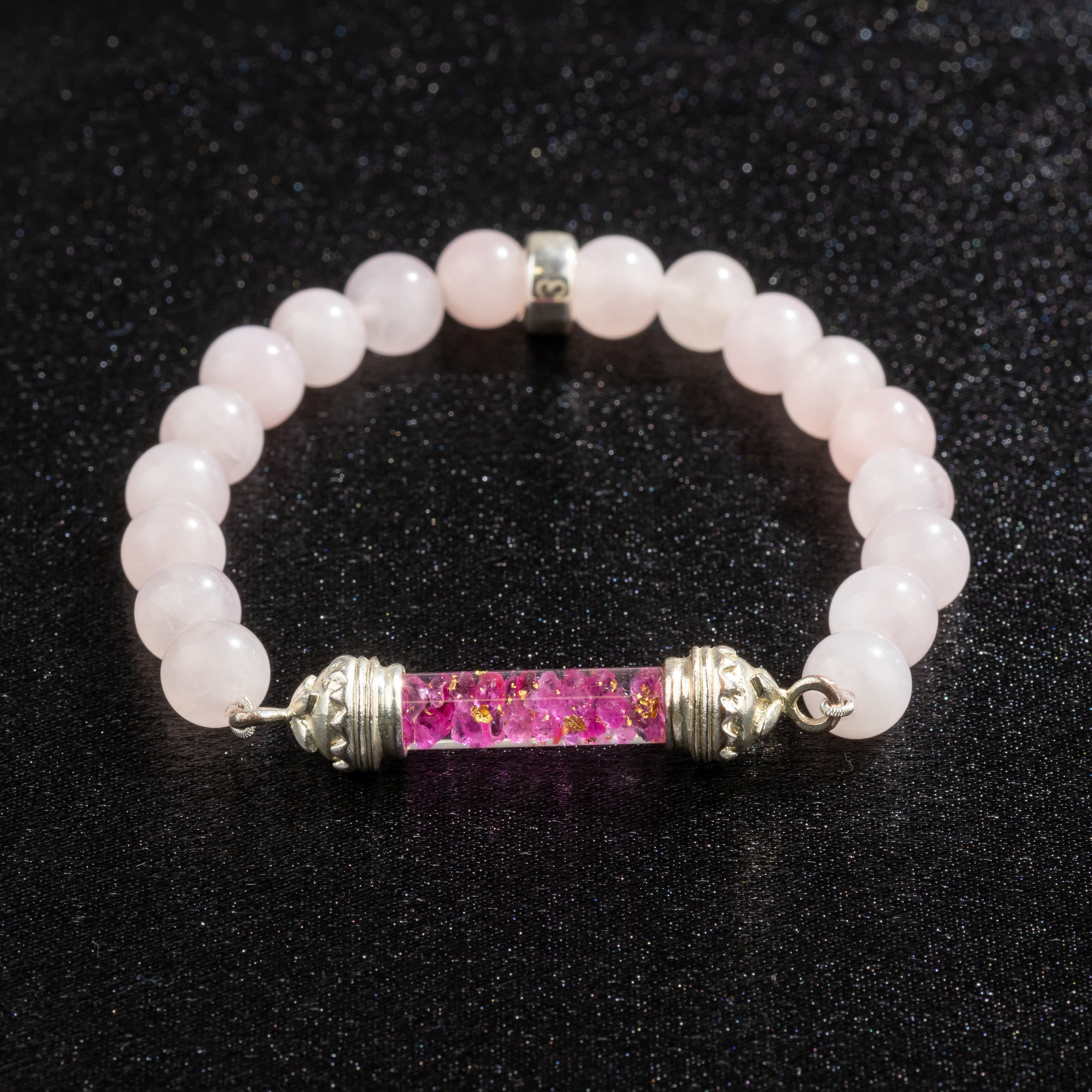 Rose Quartz bracelet with sacred Ruby amulet 