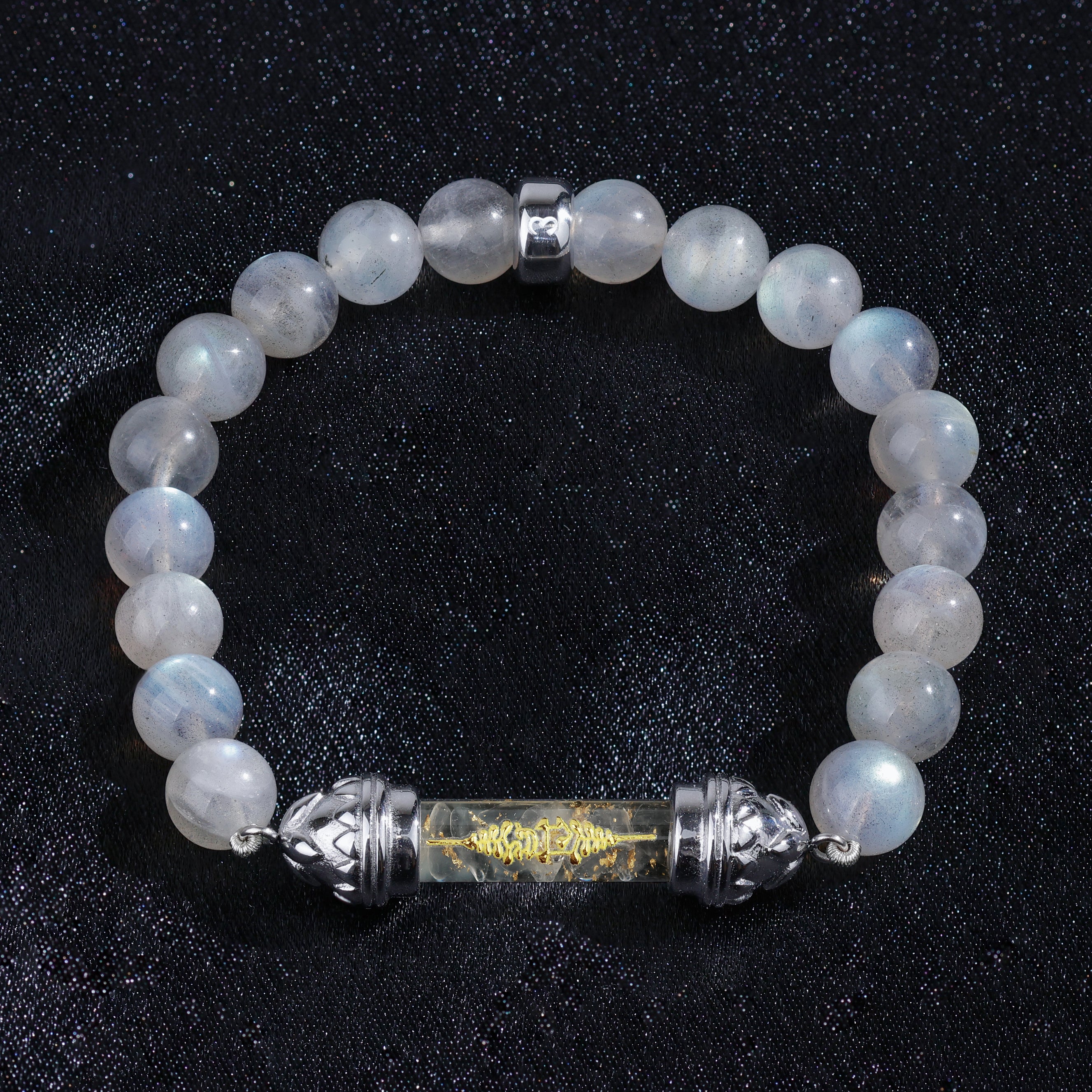 Bracelet en Labradorite et Quartz Clair avec Amulette Sacrée Argentée AAA – Clarté & Force Intérieure