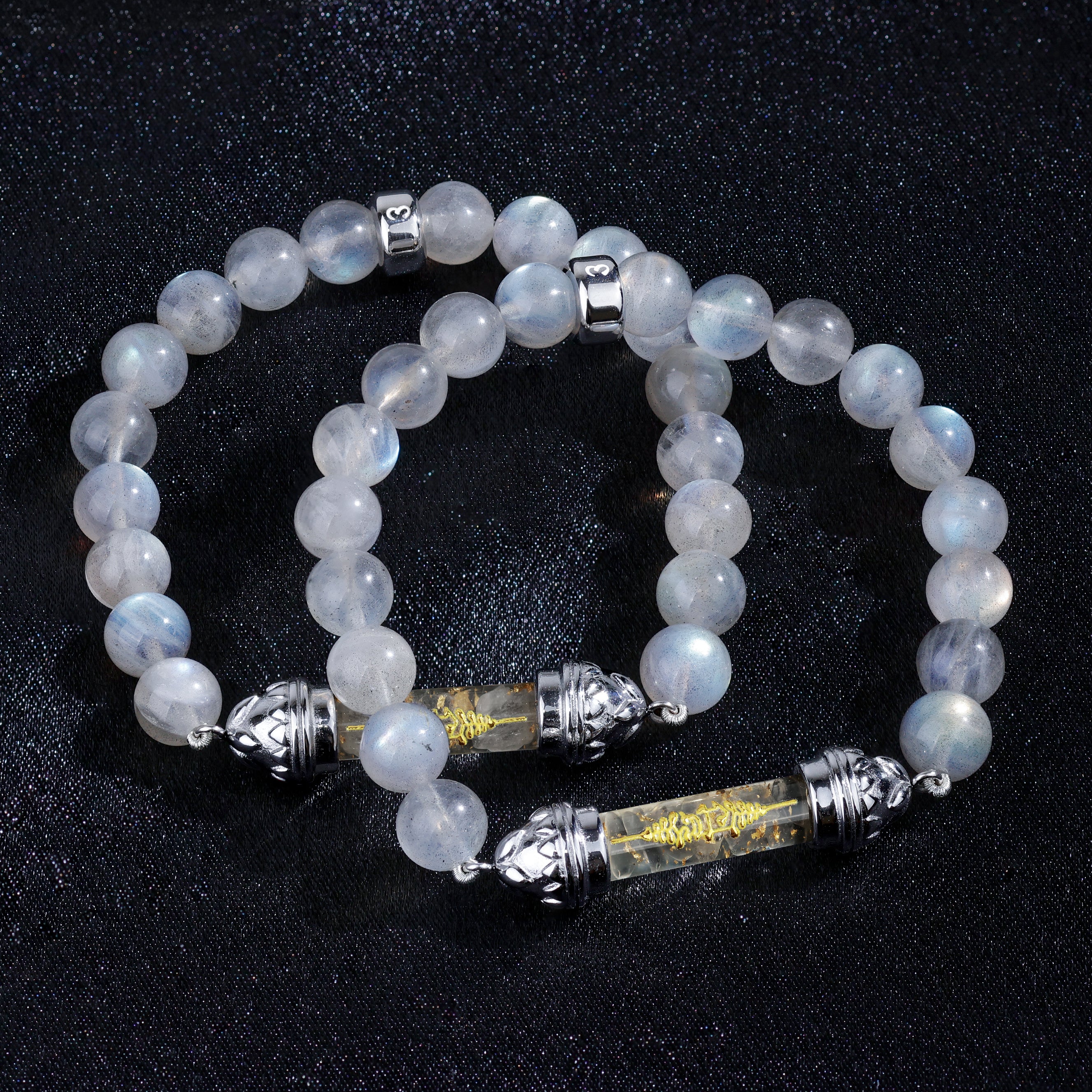 Bracelet en Labradorite et Quartz Clair avec Amulette Sacrée Argentée AAA – Clarté & Force Intérieure