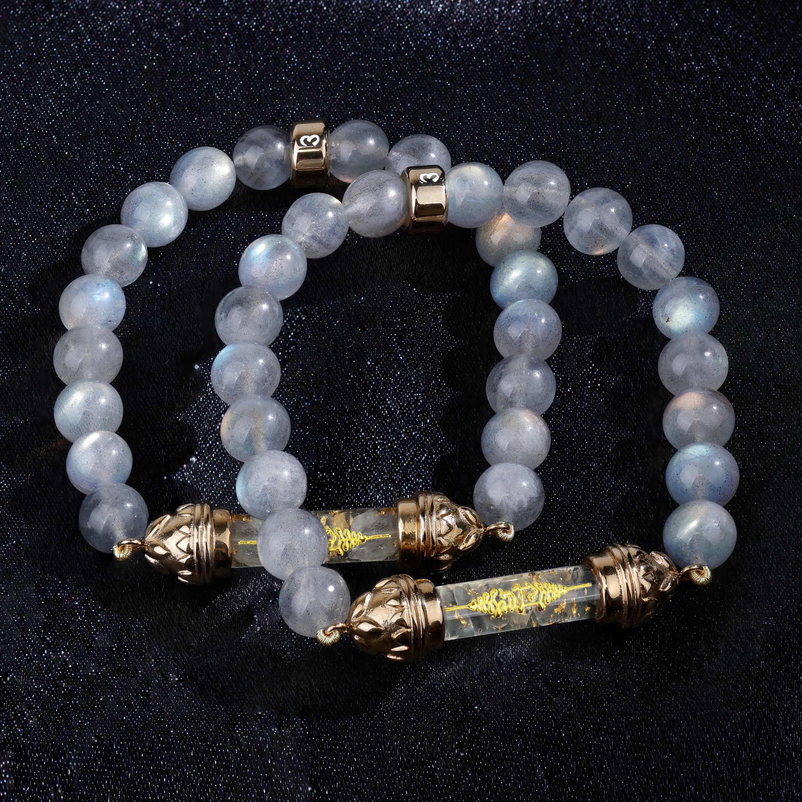 Bracelet en Labradorite et Quartz Clair avec Amulette Sacrée Dorée AAA – Transformation & Rayonnement