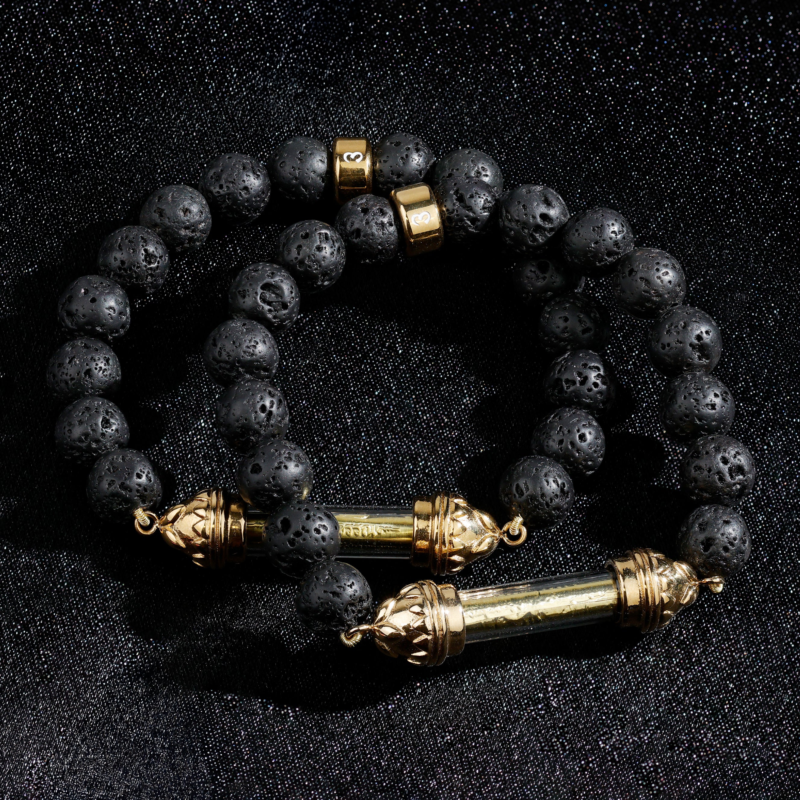 Bracelet en Lave et Amulette Sacrée Takrut en Or – Force et Protection